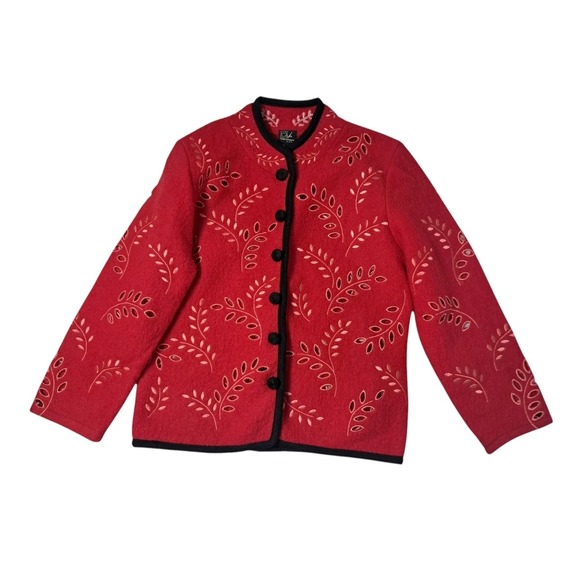 CoVelo‎ Jacket Women's Small Red Felt Boiled 100% Wool Asian Leaf Cut Out Artsy - Picture 1 of 9